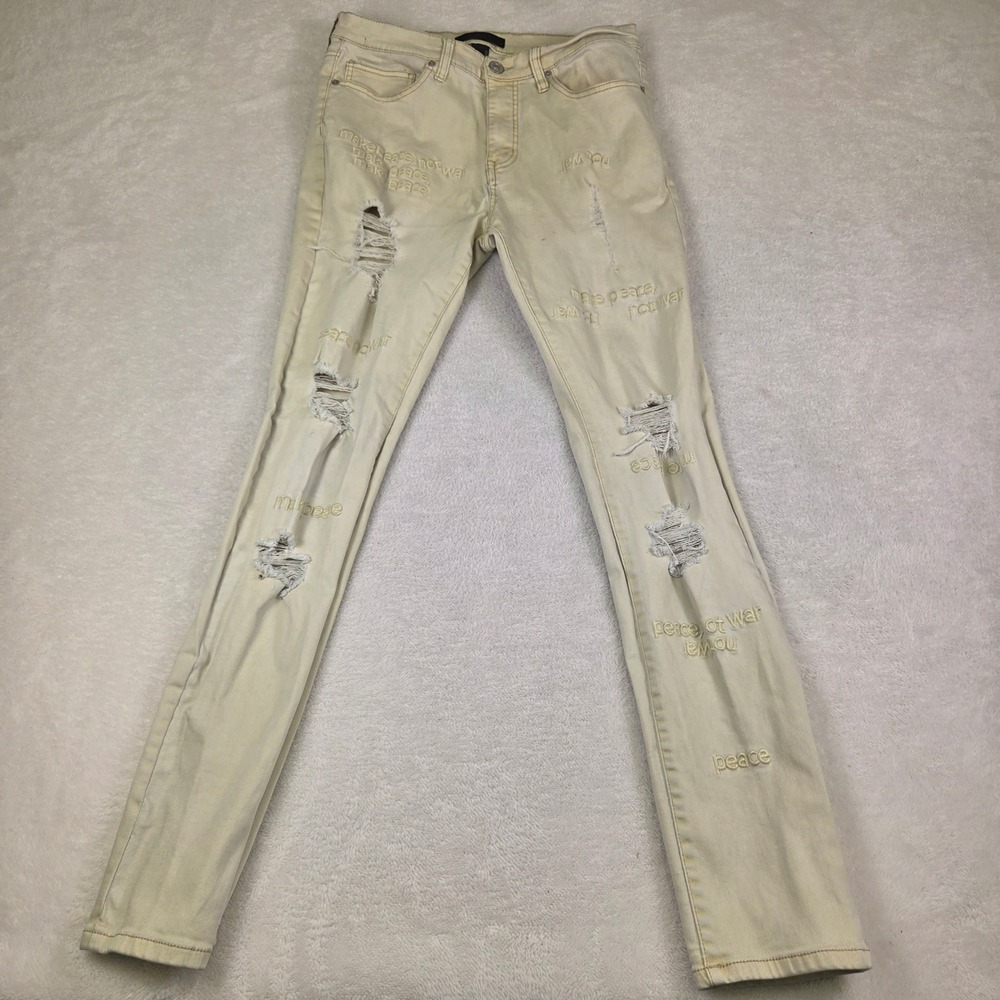 Forever 21 Men Distressed Peace Not War Embroidered Slim Jeans Beige 32x31